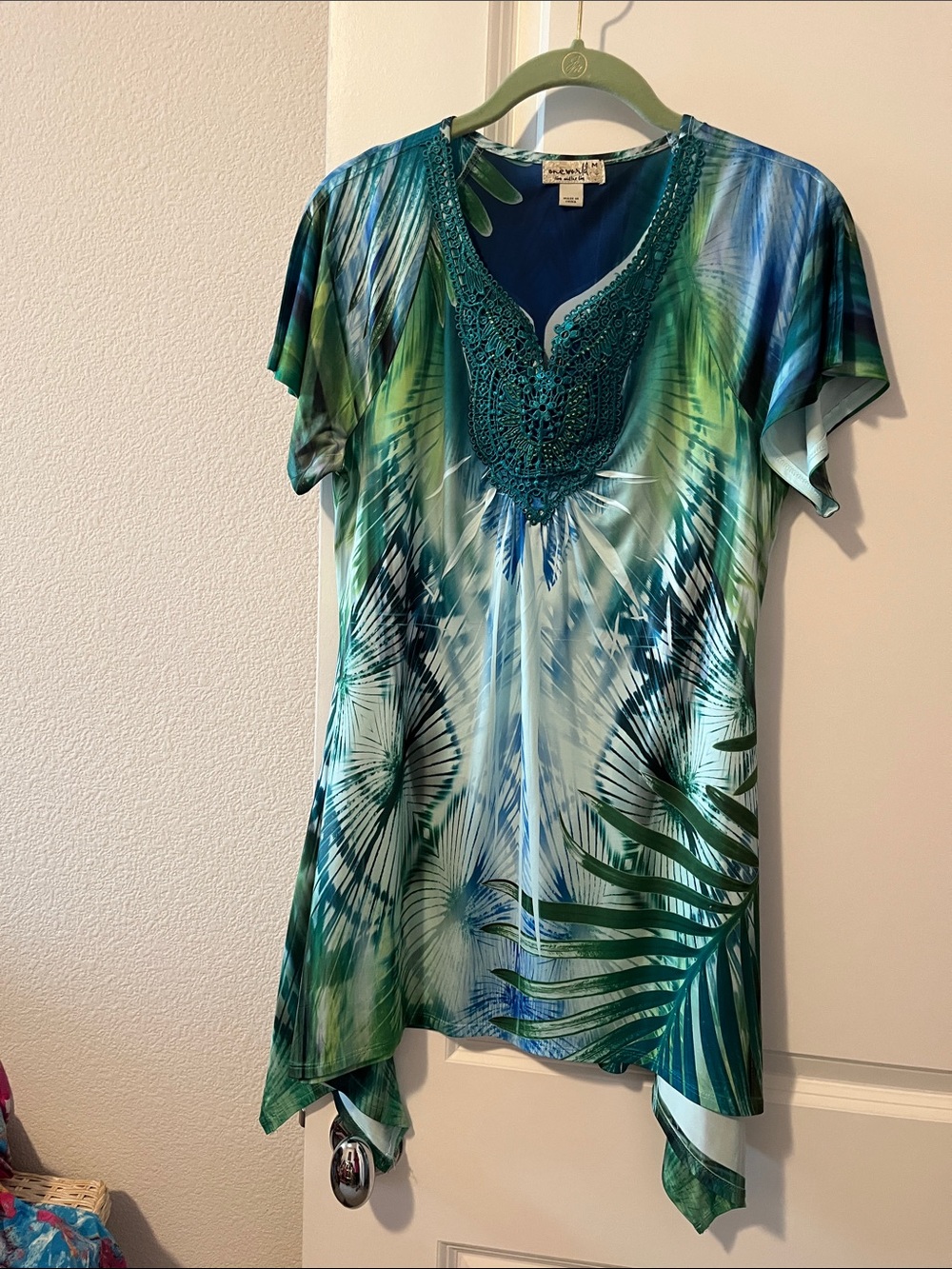 ONE WORLD Teal & Green Crochet-Neck Short Sleeve Tunic